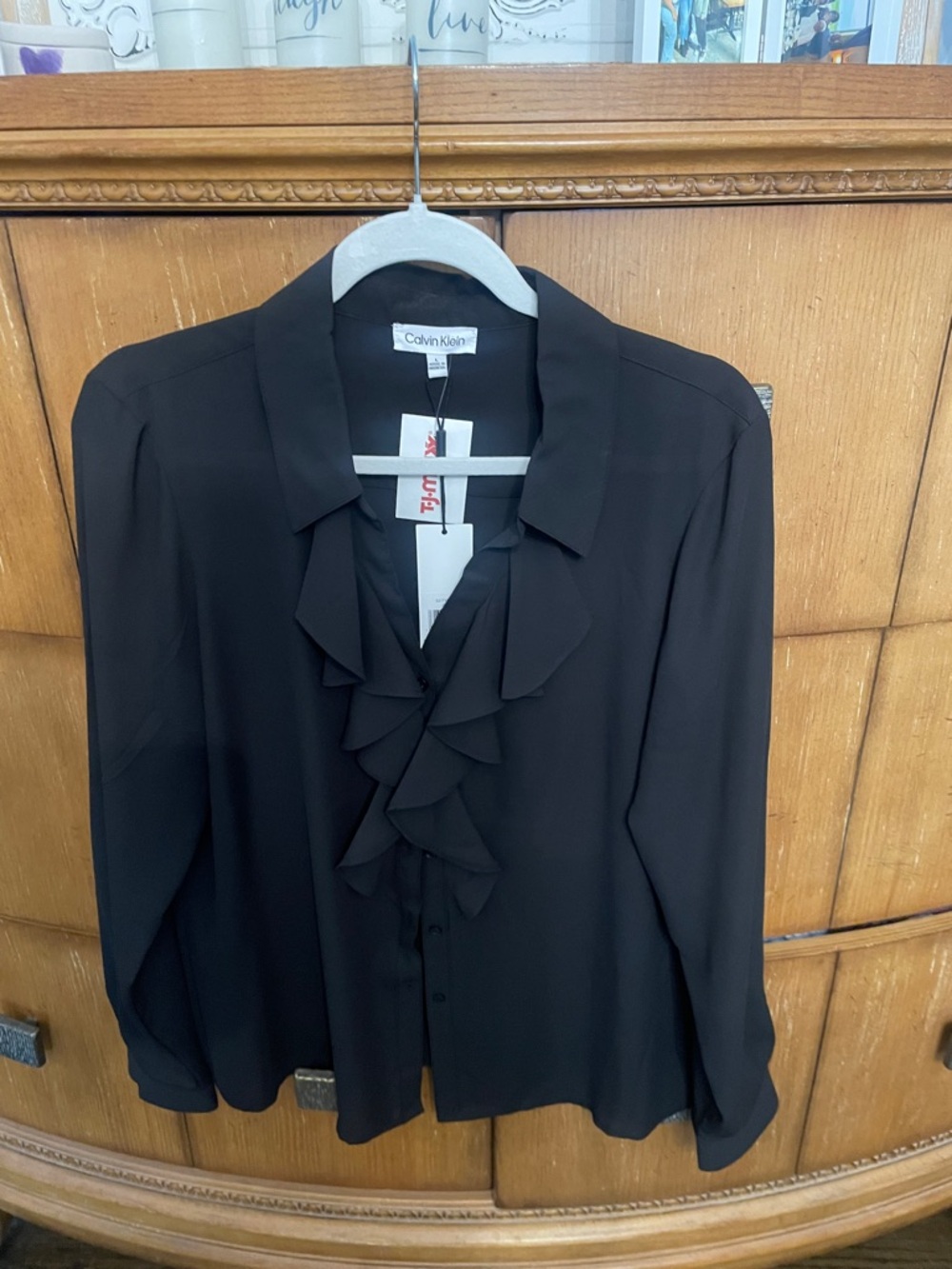 Calvin Klein Black Ruffle Front Button-Up Blouse